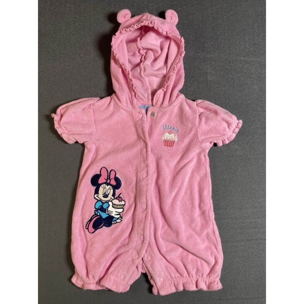 Y2K Disney Minnie Mouse Embroidered Pink Hooded One Piece Romper 6M